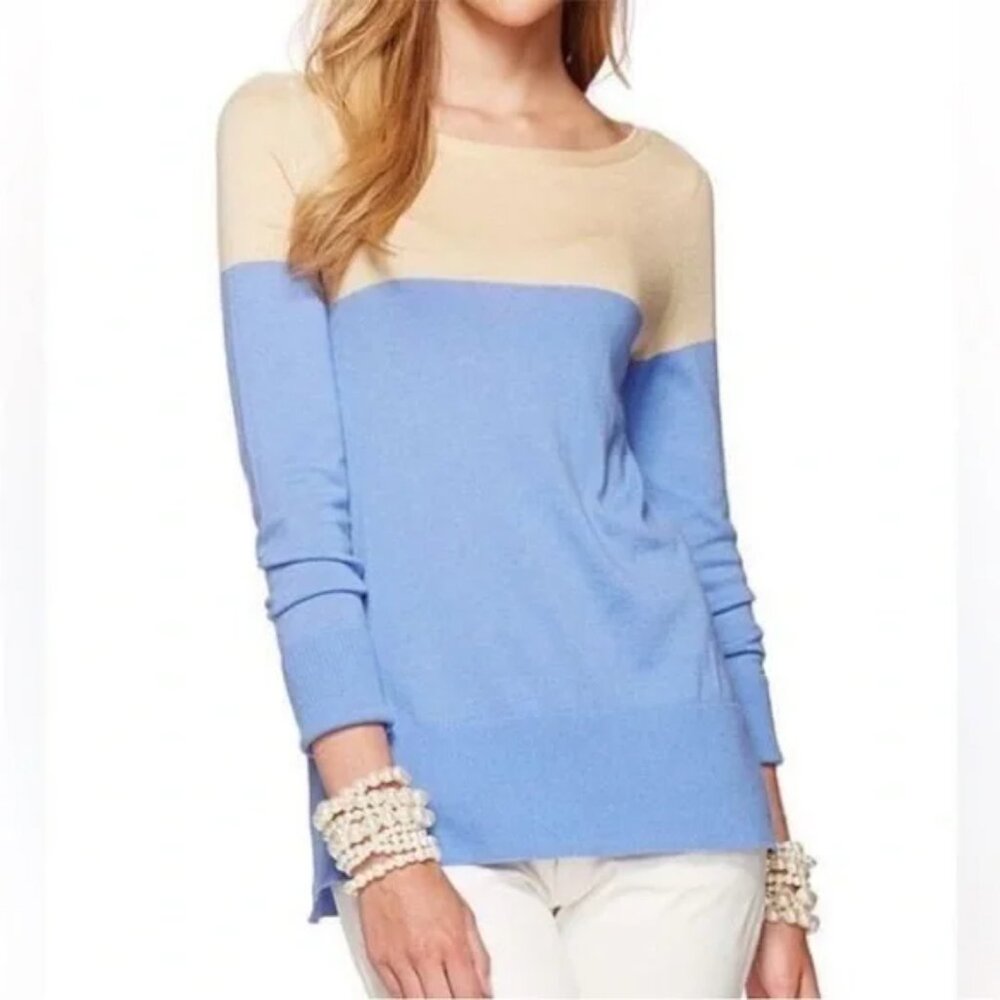 LILLY PULITZER Women's blue tan colorblock Pullover Sweater - S - Picture 1 of 12